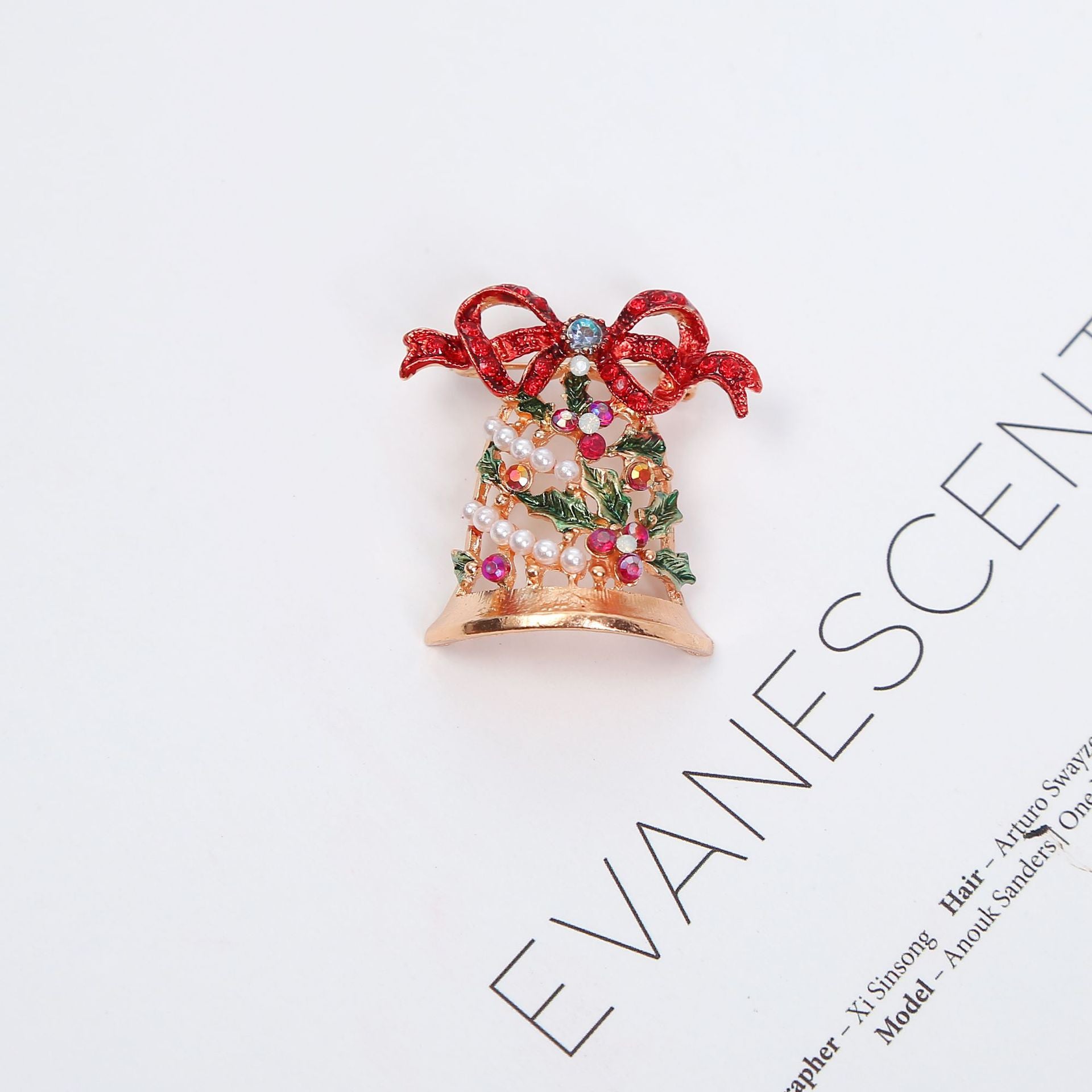 Wholesale Pearl and Rhinestone Christmas Bell Brooch